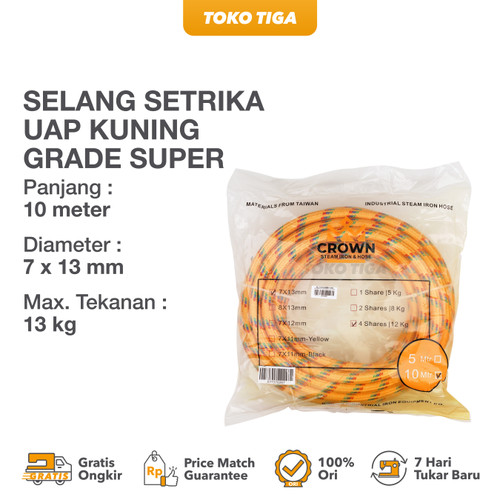 Selang Setrika Uap Kuning Grade SUPER / 1 Meter Merek CROWN