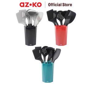 AZKO Kris Set Peralatan Masak Silikon Dengan Holder Cooking Utensils Set Peralatan Memasak Food Grade Spatula Sutil Sendok Sup Kuas Masak Perlengkapan Dapur - Abu-abu