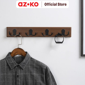 AZKO Stora 45X4.5X7 cm Gantungan Pakaian Dinding 4 Pengait Walnut Pengait Multifungsi Tembok Clothes Hook Tempat Gantung Pakaian Barang Serbaguna