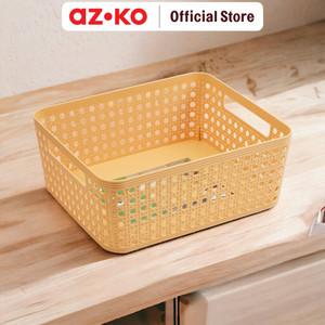 AZKO Stora Keranjang Penyimpanan Plastik Rattan Handle Storage Basket Kotak Penyimpanan Serbaguna Bin Organizer Tempat Simpan Barang - Cokelat, M