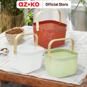 AZKO Stora Keranjang Penyimpanan Handle Kayu Wood Handle Storage Basket Storage Basket Kotak Penyimpanan Serbaguna Bin Organizer Tempat Simpan Barang - Putih