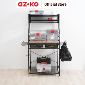 AZKO Maxbuilt 70X40X137 cm Work Bench Dengan Laci Mesh - Hitam Work Bench Meja Dengan Rak Penyimpanan Workshop Table