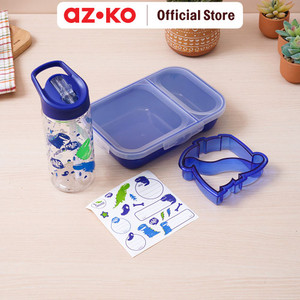 AZKO Smash Set 4 Pcs Kotak Makan Anak 2 Sekat Dino Days - Biru Kids Bento Lunch Kit Set Kotak Makan Dan Botol Minum Bpa Free Peralatan Makan Food Grade Wadah Bekal Makanan Lucu
