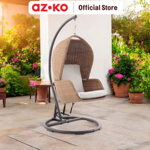 AZKO Kursi Ayun Gantung Closed Dengan Cushion Wicker Steel - Cokelat Hanging Swinging Chair Bangku Ayunan Outdoor Furniture Tempat Duduk Ayun