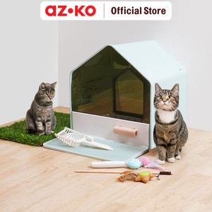 AZKO Paws N Tail Villa Toilet Kucing Dengan Tray - Biru Cat Toilet Tempat Kotoran Kucing Bak Pasir Kucing Aksesoris Hewan Peliharaan