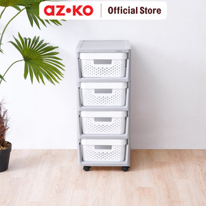 AZKO Stora Rak Troli 4 Tingkat Dengan Keranjang - Putih Tempat Penyimpanan Multifungsi Dengan Roda Storage Trolley Wheels Rack Perlengkapan Rumah Tangga Basket Drawer