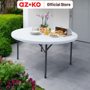 AZKO Krisbow 155 cm Meja Taman Lipat Round - Putih Granite Foldable Garden Desk Picnic Table Meja Halaman Serbaguna Furniture Indoor Outdoor