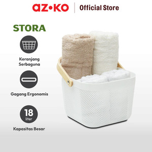 AZKO Stora Keranjang Penyimpanan Handle Kayu Wood Handle Storage Basket Storage Basket Kotak Penyimpanan Serbaguna Bin Organizer Tempat Simpan Barang - Putih