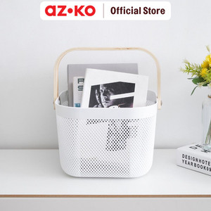 AZKO Stora Keranjang Penyimpanan Handle Kayu Wood Handle Storage Basket Storage Basket Kotak Penyimpanan Serbaguna Bin Organizer Tempat Simpan Barang - Putih