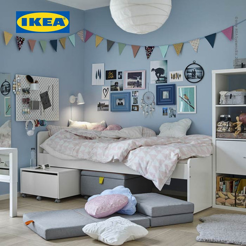 IKEA SLAKT Rangka Tempat Tidur Anak Dengan Dasar Kayu Berpalang Putih
