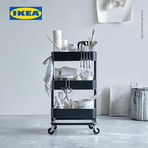 IKEA RASKOG Troli Dapur dengan 3 Rak Hitam Serbaguna 35x45x78 cm