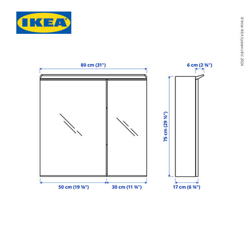 IKEA TREASJON Kabinet Cermin 2 Pintu Dengan Lampu Built In 80x17x75cm