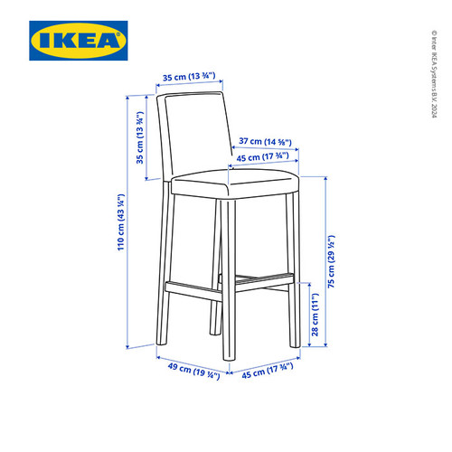 IKEA BERGMUND Kursi Bar Hitam Dengan Sandaran dan Cover 75cm