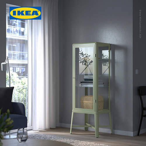 IKEA FABRIKOR Kabinet Pajangan Dengan Pintu Kaca Abu-abu Hijau Pudar 57x150 cm
