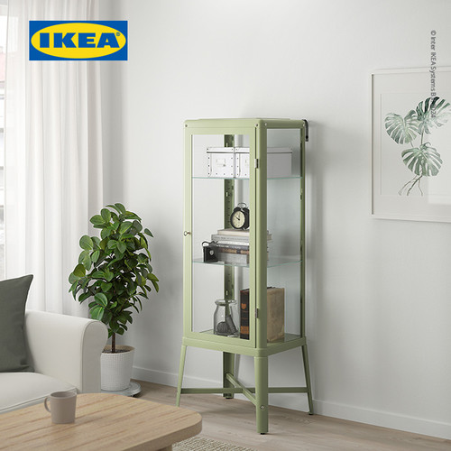 IKEA FABRIKOR Kabinet Pajangan Dengan Pintu Kaca Abu-abu Hijau Pudar 57x150 cm