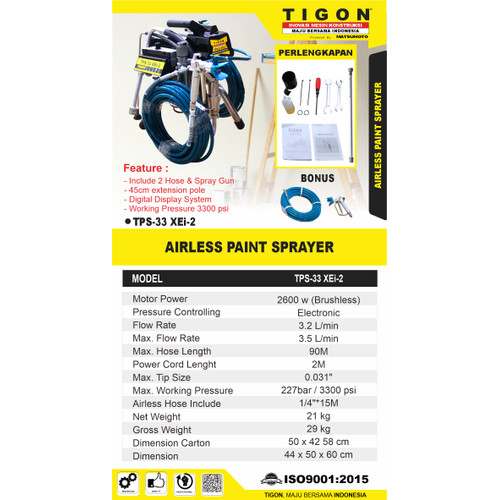 TIGON MESIN AIRLESS PAINT SPRAYER TPS 33 XEI-2 MAX PRESSURE 227 BAR