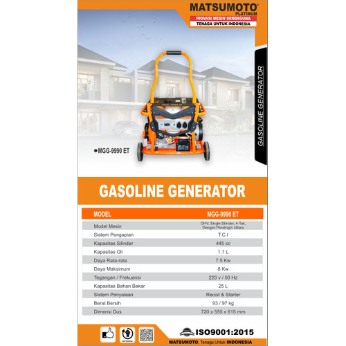 Genset Gasoline Generator Series Open MGG-9990 ET Garansi Service