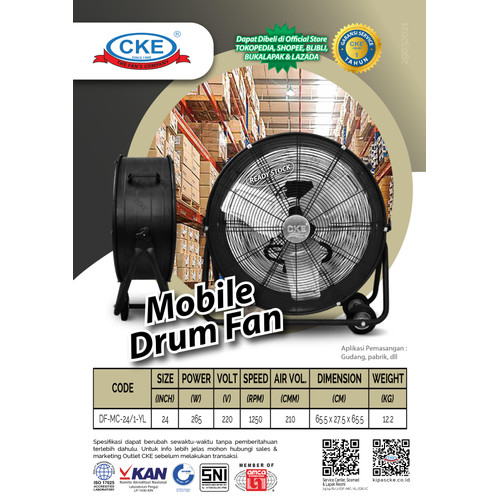 CKE Drum Fan Mobile Type DF-MC-24/1-YL 24" 220V 265W Blower