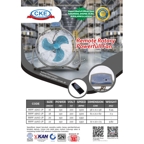 CKE Rotary Powerfull Fan with Remote 18 Inch Kipas Angin Rumah