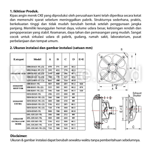 Exhaust Fan CKE Standard DBN 16 Inch 380V Fan Industri Toilet Eksos