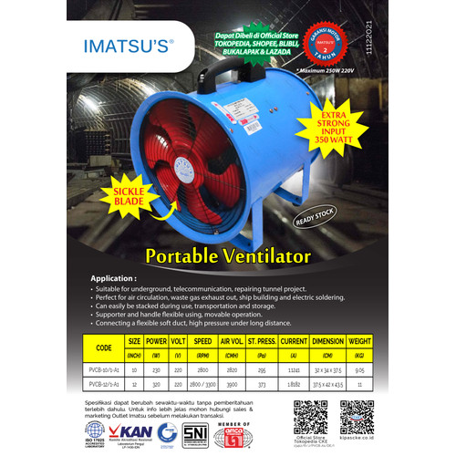 Imatsu Portable Ventilator PVCB-12/1-A1 12 Inch Blower Eksos Tambang