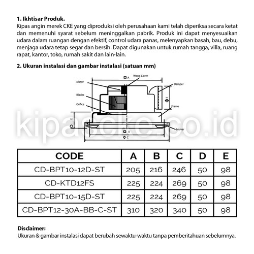 Kipas CKE Ceiling Duct CD-BPT12-30A-BB-C- Fan Rumah Toilet Dapur Eksos