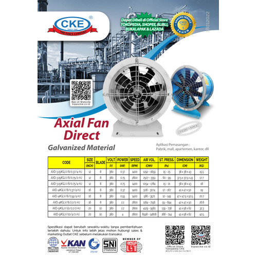 Axial Fan CKE AXD-3.15#GLV/8/0.37/4-HJ 12 Inch