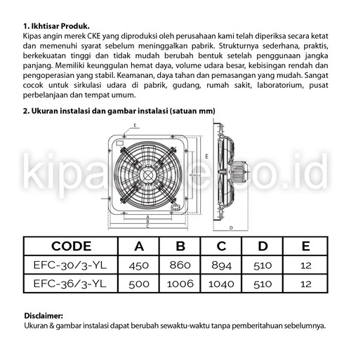 Exhaust Fan CKE EFC 36 Inch 380V Exhaust Dinding Eksos Blower Gedung