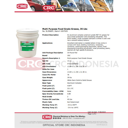 CRC MULTI PURPOSE FOOD GRADE GREASE 35 LBS - SL35605