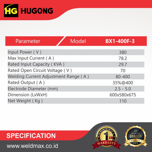MESIN LAS HUGONG BX 1 400F 3 - TRAFO AC MMA COPPER