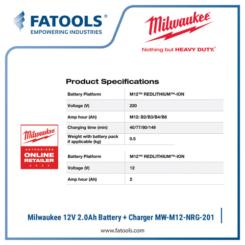 Milwaukee M12 NRG201 12V 2.0Ah Battery Pack Charger Lithium Li-ion