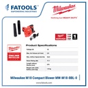 MILWAUKEE M18 BBL Compact Leaf Blower Mesin Peniup Daun Cordless