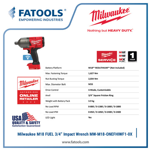 MILWAUKEE M18 ONEFHIWF34 3/4" Dr Impact Wrench Cordless Baterai 18V
