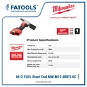 Milwaukee M12 BPRT Rivet Tool Cordless Battery Mesin Paku Tembak