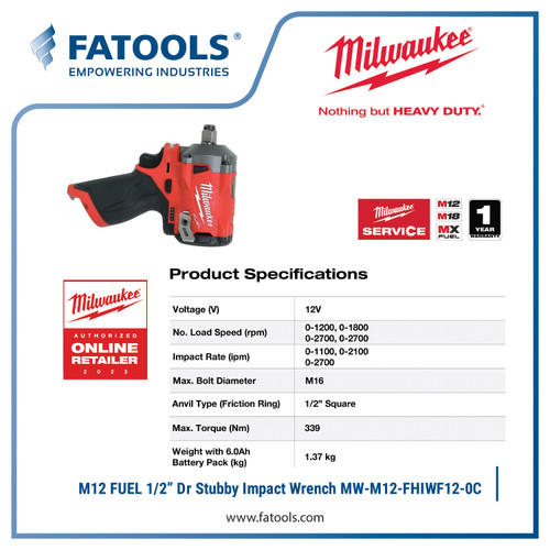 Milwaukee M12 FIWF12 1/2" Dr Stubby Impact Wrench Cordless Brushless