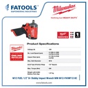 Milwaukee M12 FIWF12 1/2" Dr Stubby Impact Wrench Cordless Brushless
