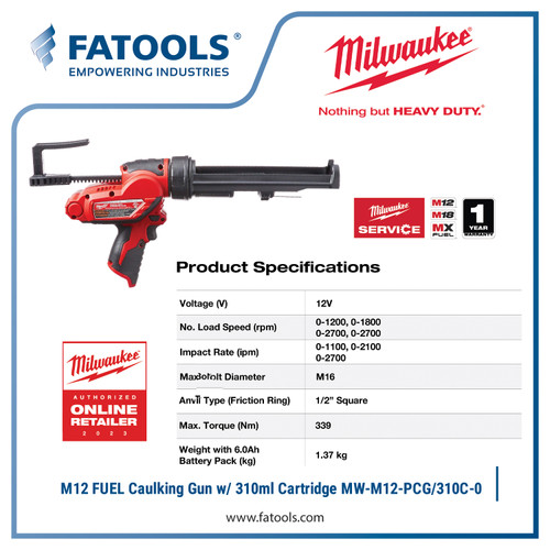 Milwaukee M12 PCG/310C Caulk Gun 310Ml Cartridge