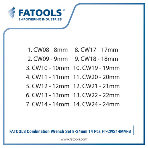 FATOOLS CWS14MM-B 14 Pcs Combination Wrench 8-24mm Kunci Ring Pas Set