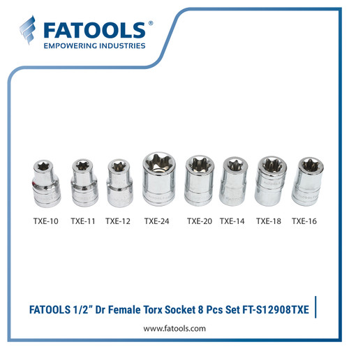 FATOOLS S12908TXE 1/2" Dr Female Torx Socket Set 8 Pcs Kunci Sock Bint
