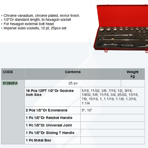 FATOOLS S12925A - 1/2" SOCKET 5/16~1.1/4" ISI 25PCS 12 PT