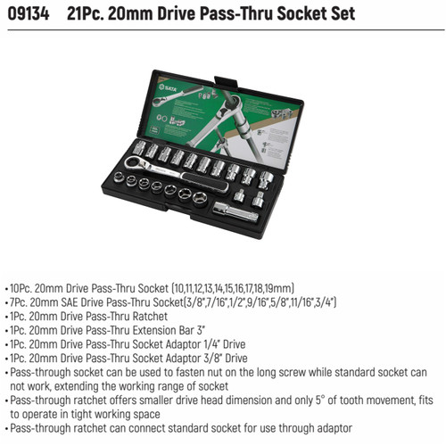 Kunci Socket Sock Set 09134 21Pc. 20MM Dr. Pass-thru Ratcheting Set Sata Tools