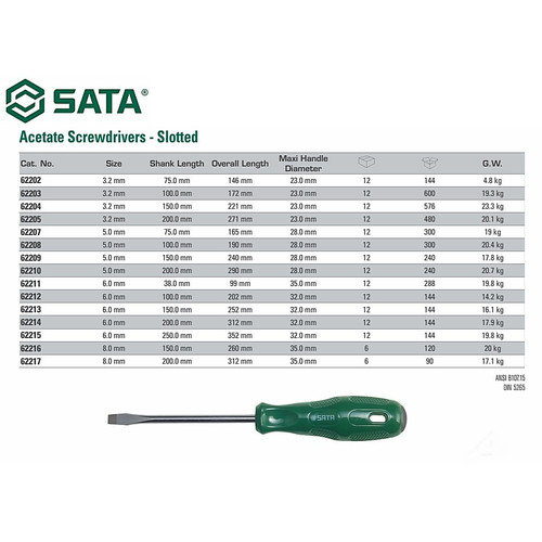 Obeng Minus Magnet 6 x 38 mm 62211 Slotted Screwdriver Sata Tools