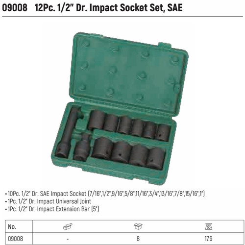 Kunci Shock Mata Sok 12 Pc Inch 09008 1/2" Dr. Impact Socket Set, S.A.E. Sata Tools