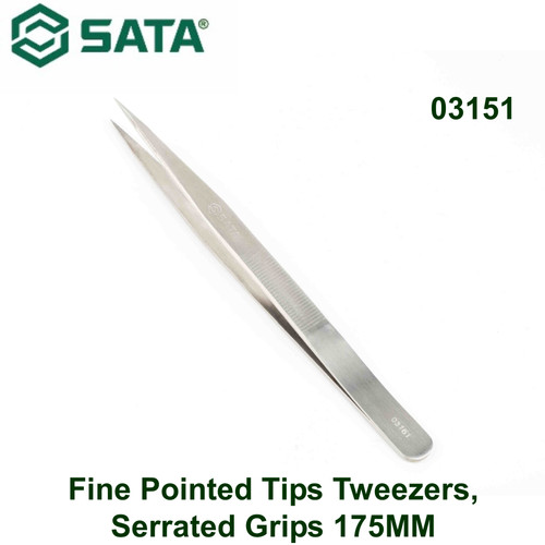 Pinset 175 mm 03151 Fine Pointed Tips Tweezers, Serrated Grips 175 mm Sata Tools