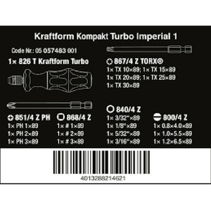 Obeng Bits Set Inch Wera 05057483001 Kraftform Kompakt Turbo Imperial 1, 19 pieces
