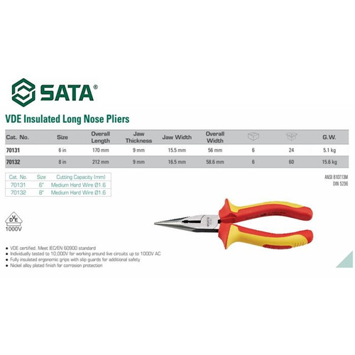 Tang Lancip Listrik 8 inch 70132 VDE Insulated Long Nose Pliers 8" Sata Tools