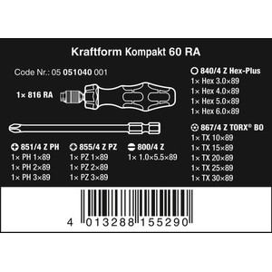 Obeng Bits Set Wera 05051040001 Screwdriver Kraftform Kompakt 60 RA - 17 Pcs