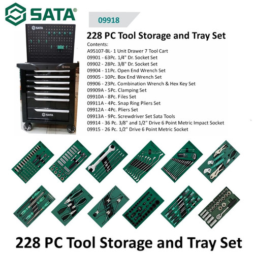 Tool Kit Set 228 Pcs 09918A-BL 7 Drawer Tool Trolley Tray Set Sata Tools