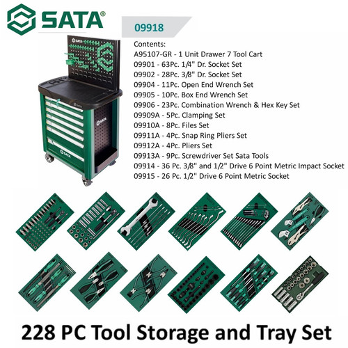 Tool Kit Set 228 Pcs 09918A-GR 7 Drawer Tool Trolley Tray Set Sata Tools