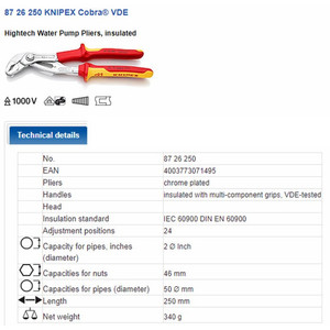 87 26 250 T KNIPEX COBRA WATER PUMP PLIERS VDE TT